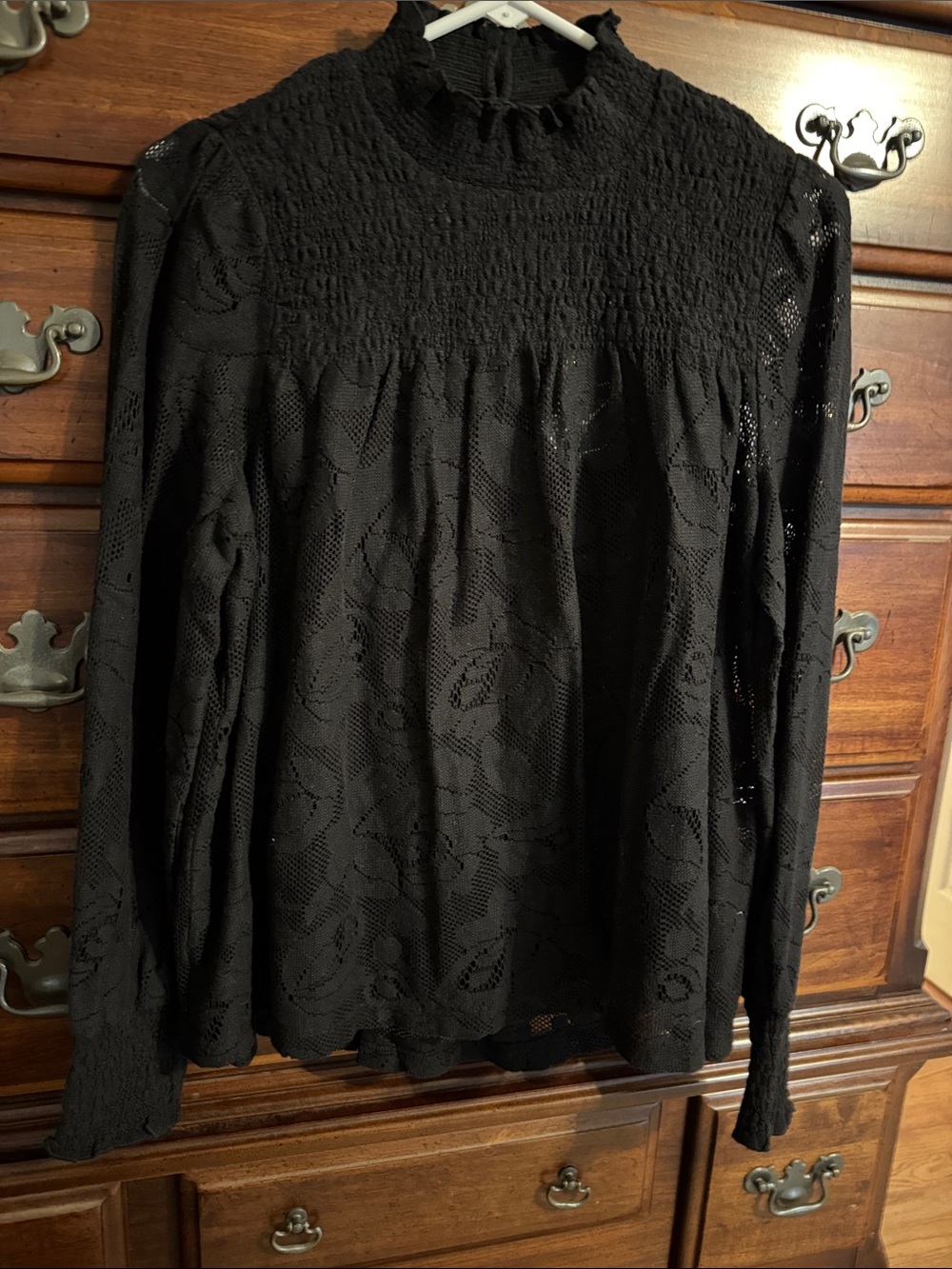 Sundance Black Floral Lace Long-Sleeve Smocked Yoke Blouse